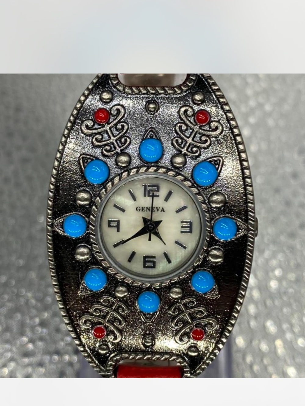 Southwestern ^^^ Geneva Silver Watch /  Turquoise / Ruby Red Accents *^*
